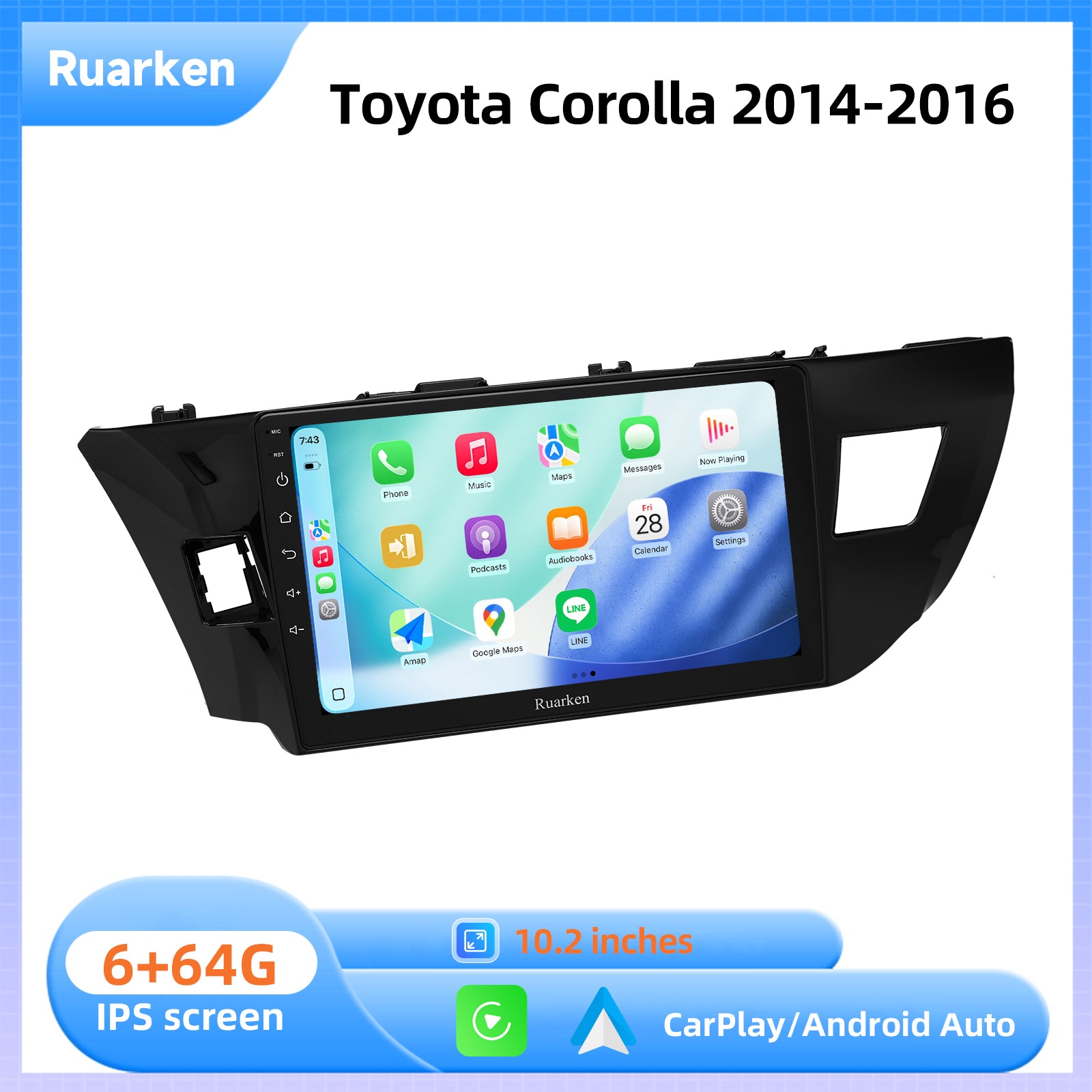 Ruarken Android 13 Car Stereo for Toyota Corolla 2014-2016 DTS Navi Radio BT WiFi
